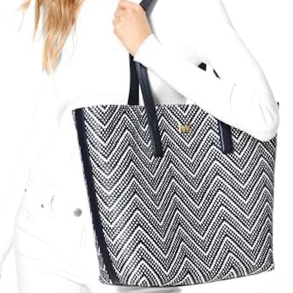 Michael Kors Junie Chevron Leather Tote Navy White Blue NWT - Picture 1 of 5